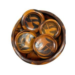 Vintage 14” Hand Carved 2 Tone Wooden Round Bowl and 4 Small Bowls Fish Etching